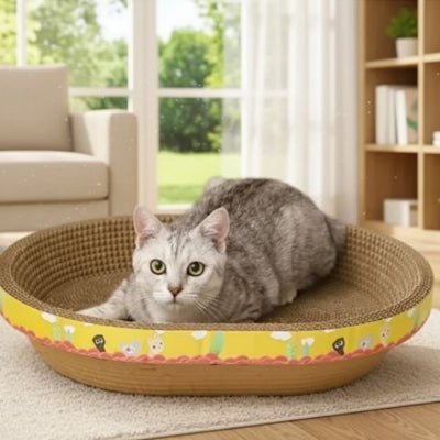 chat couché dans griffoir en carton pour chat ovale jaune