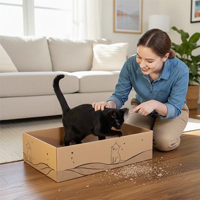 chat noir s'amuse avec boîte griffoir chat carton