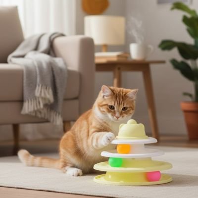 chat roux joue balle orange jouet pour chat tour jaune