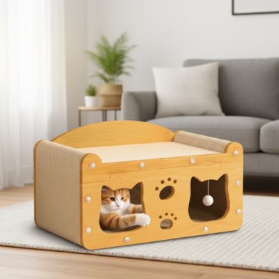 chat s'amuse dans cabane griffoir chat