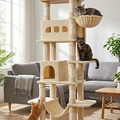 arbre à chat beige avec griffoirs résistants
