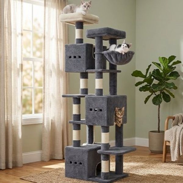 arbre à chat gris foncé hamac et niches douillettes