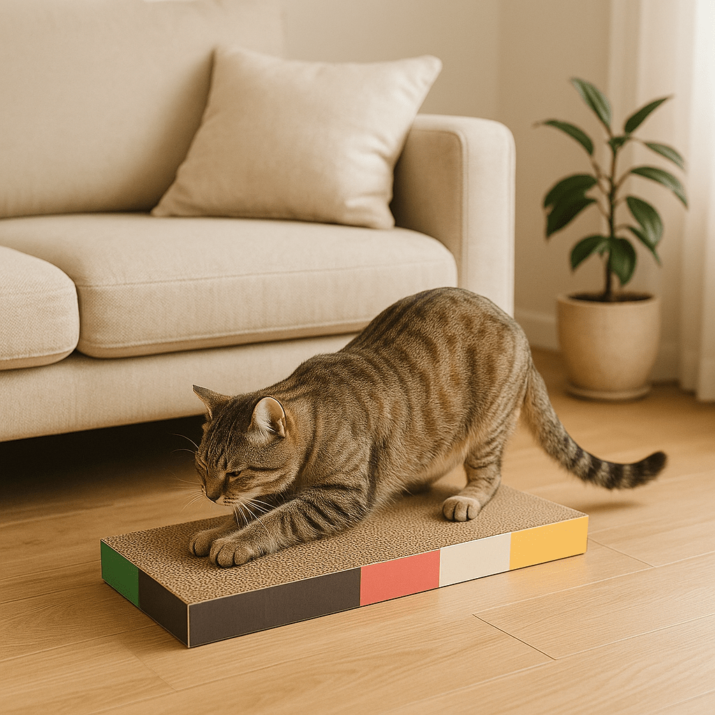 chat aiguisant ses griffes sur griffoir en carton pour chat