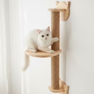 chat blanc assis plateforme arbre a chat mural