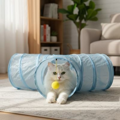 chat blanc couché tunnel pour chat