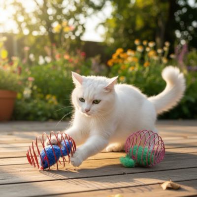 chat blanc joue avec chat jouet