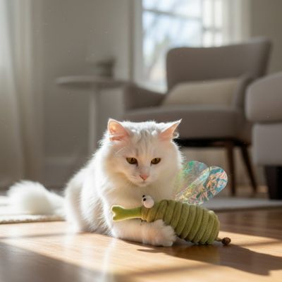 chat blanc joue avec jouet chat moustique