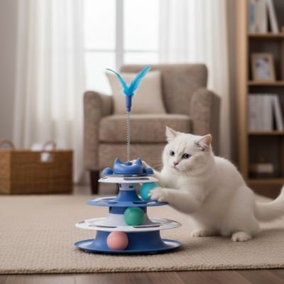 chat blanc joue balle bleu jeu pour chat