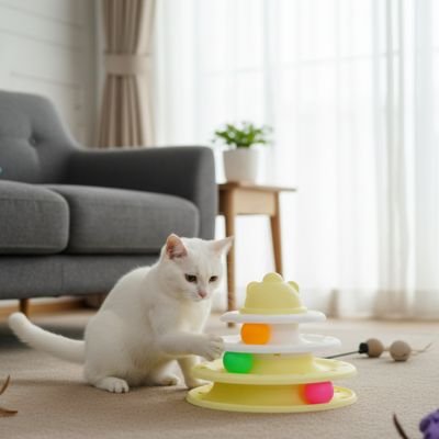 chat blanc joue balle verte jouet pour chat tour jaune