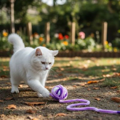 chat blanc joue dehors avec balle pour chat violet