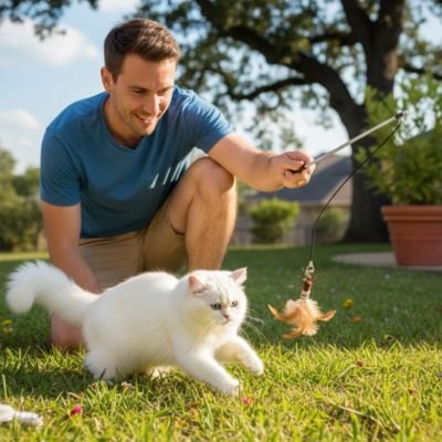 chat blanc joue dehors avec jeux chat canne à pêche