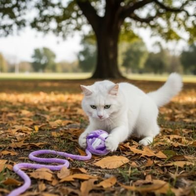 chat blanc joue dehors balle pour chat violet