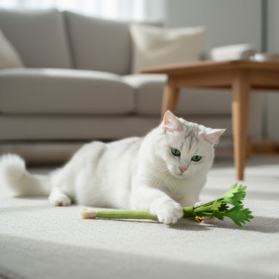 chat blanc s'amuse avec jeux pour chat céleri