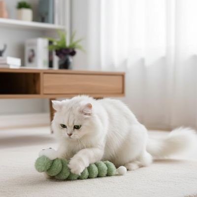 chat blanc s'amuse jouet pour chat chenille verte
