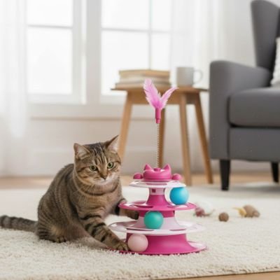 chat brun joue avec balle du jeu chat rose