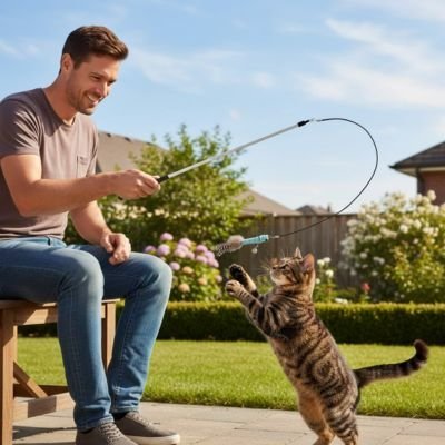 chat brun joue dehors jeux chat canne à pêche