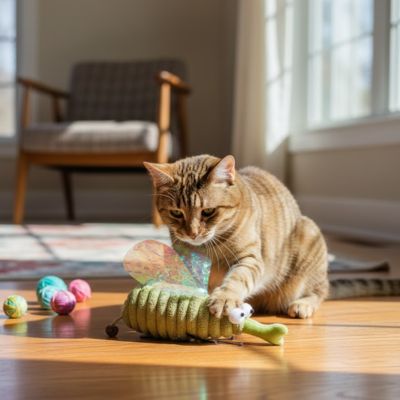 chat brun s'amuse jouet chat moustique