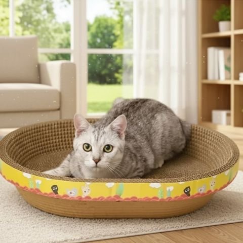 chat couché dans griffoir en carton pour chat ovale jaune