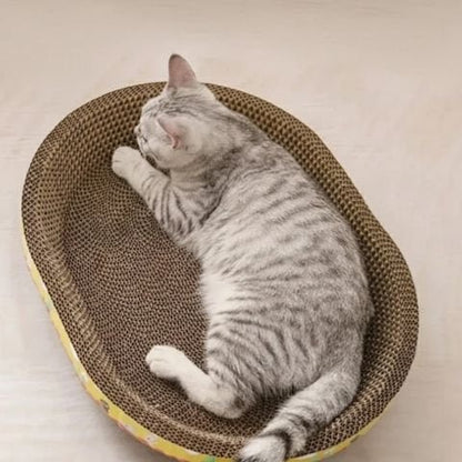 chat couché griffoir en carton pour chat ovale jaune