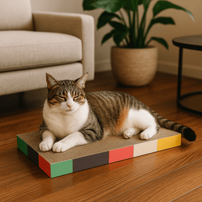 chat couche sur griffoir en carton pour chat