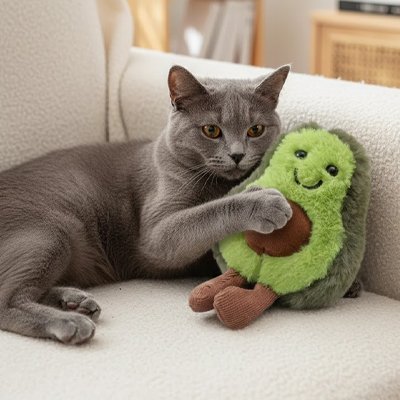 chat gris couché avec jouet pour chat avocat