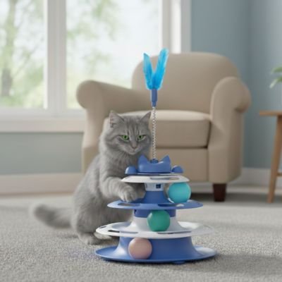 chat gris joue jeu pour chat tour bleu