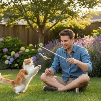 chat joue dehors jeux chat canne à pêche leurre bleu