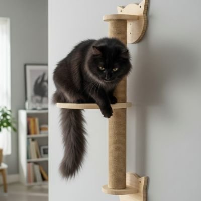 chat noir assis plateforme arbre a chat mural