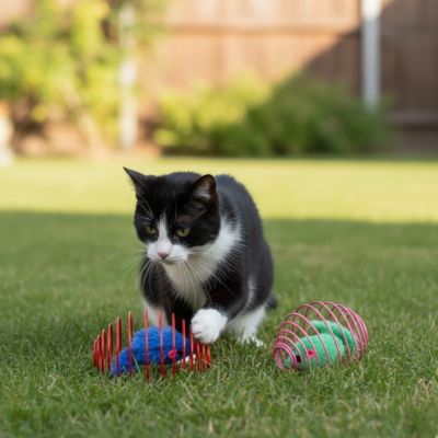 chat noir joue dehors avec chat jouet