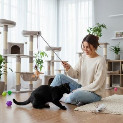 chat noir joue jeux chat canne à pêche plume marron