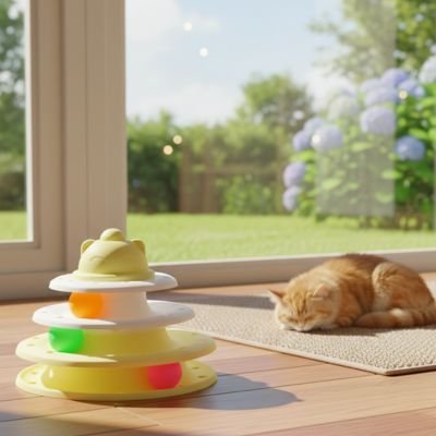 chat roux dort à côté jouet pour chat tour jaune