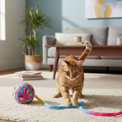 chat roux joue avec corde balle pour chat multicolore