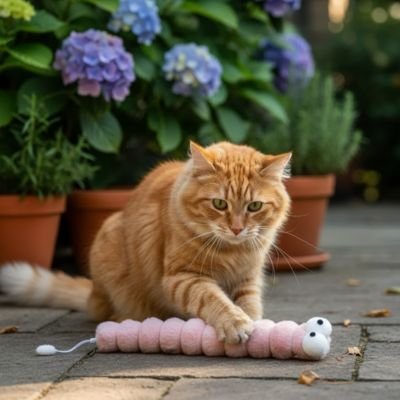 chat roux joue jouet pour chat chenille rose