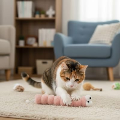 chat s'amuse jouet pour chat chenille rose