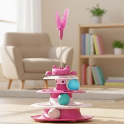 jeu chat rose tour avec trois balles