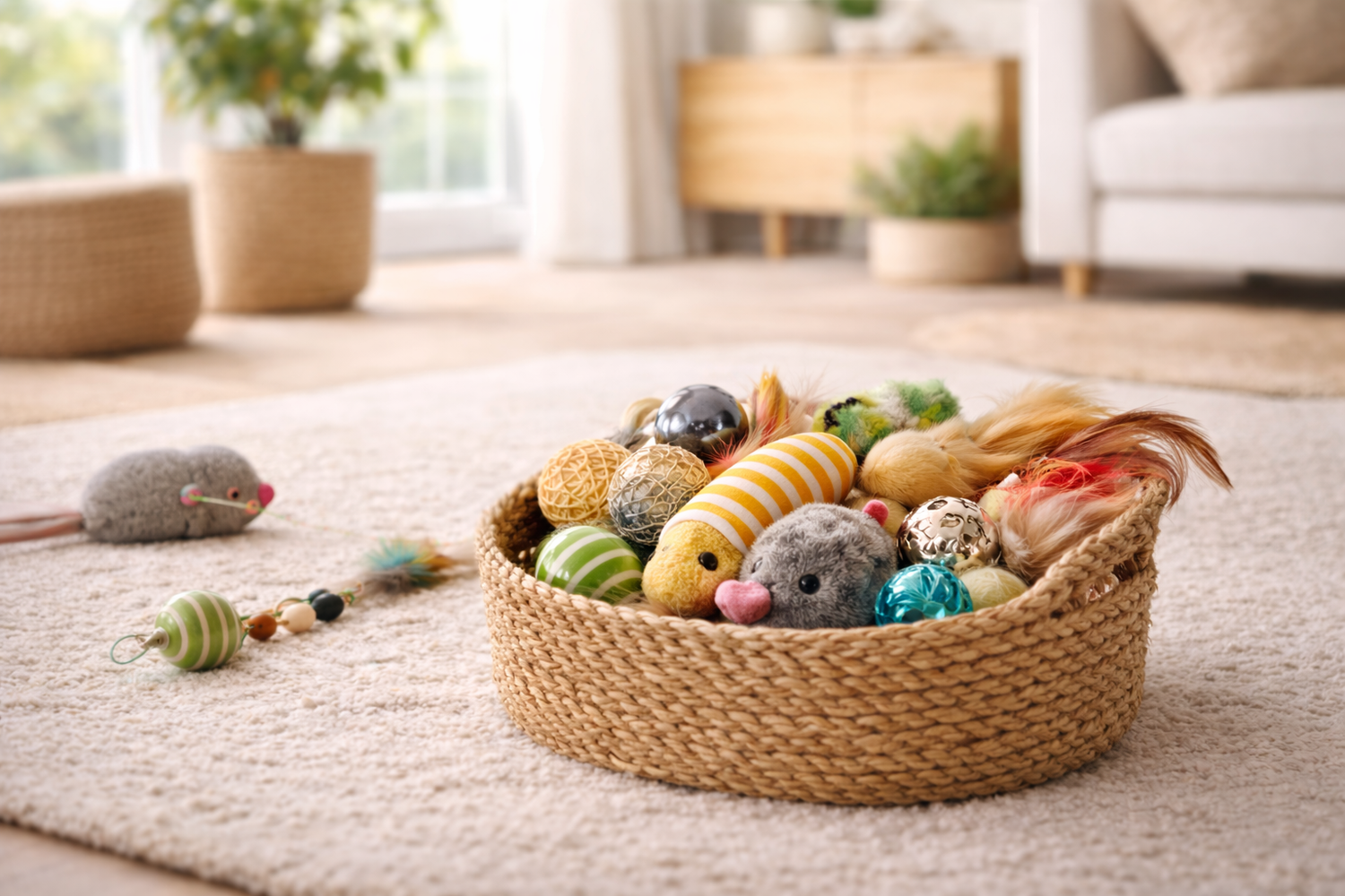 panier avec plusieurs jouets pour chat